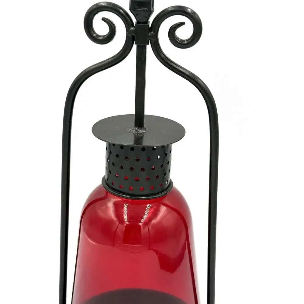 VTG Red GLASS METAL STAND Chimney Candle Hurricane Holder Lantern 17